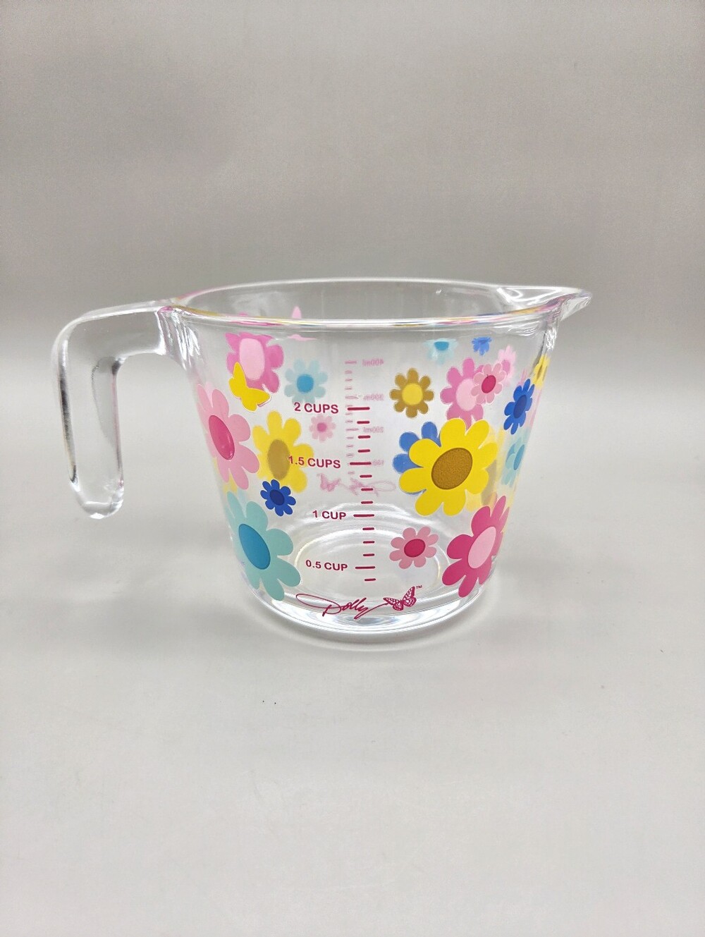 Dolly Parton Glass Measuring Cup with Colorful Hippie Flowers, NWOT